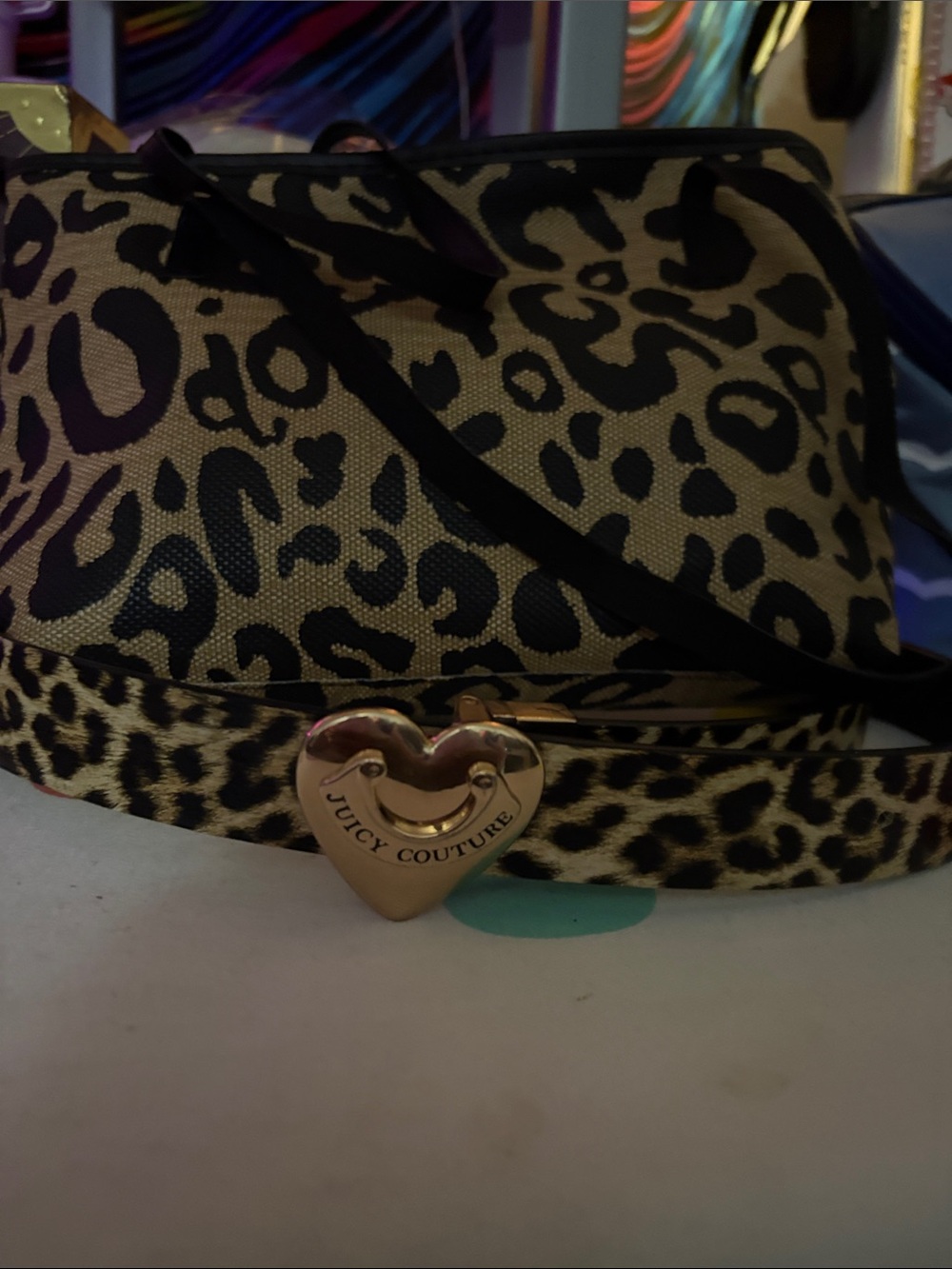 Juicy Couture Leopard Print Crossbody in Tan and Black with Gold Heart Accent